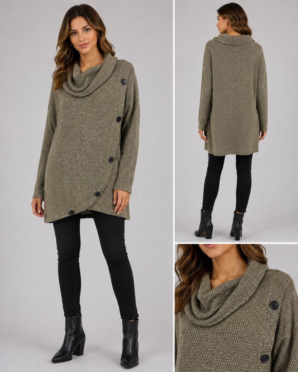 French Connection Women’s L Cowl Neck Tunic Sweater Button Detail Taupe Knit